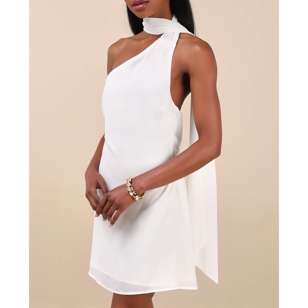 Lulus White One Shoulder Draped Sash Mini Dress Bridal Cocktail XS 2646